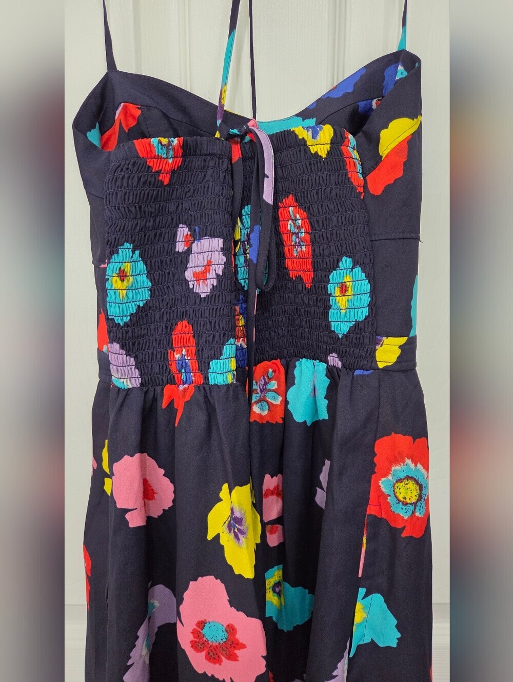 American Eagle Rainbow Poppy Floral Blue Mini Sundress with Pockets Size 2 - Picture 6 of 10